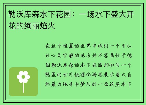 勒沃库森水下花园：一场水下盛大开花的绚丽焰火