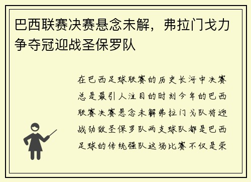 巴西联赛决赛悬念未解，弗拉门戈力争夺冠迎战圣保罗队