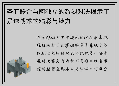 圣菲联合与阿独立的激烈对决揭示了足球战术的精彩与魅力